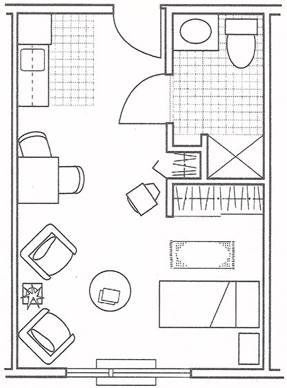 Floorplan for a studio apartment at Timberhill Place Assisted Living in Corvallis, Oregon.
