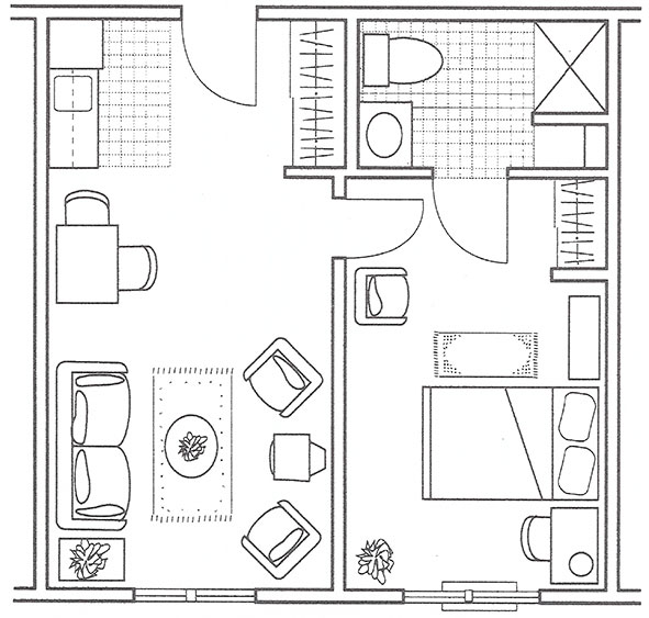 Floorplan for a one-bedroom apartment at Timberhill Place Assisted Living in Corvallis, Oregon.