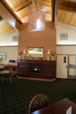 The warmth of a fireplace at Timberhill Place, in Corvallis, Oregon.