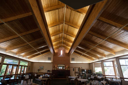Beautiful vaulted ceilings in dining hall of Timberhill Place in Corvallis, Oregon.