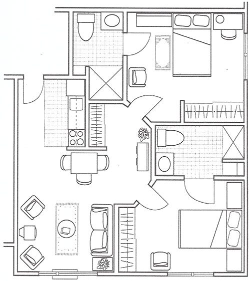 Floorplan for a two-bedroom apartment at Timberhill Place Assisted Living in Corvallis, Oregon.